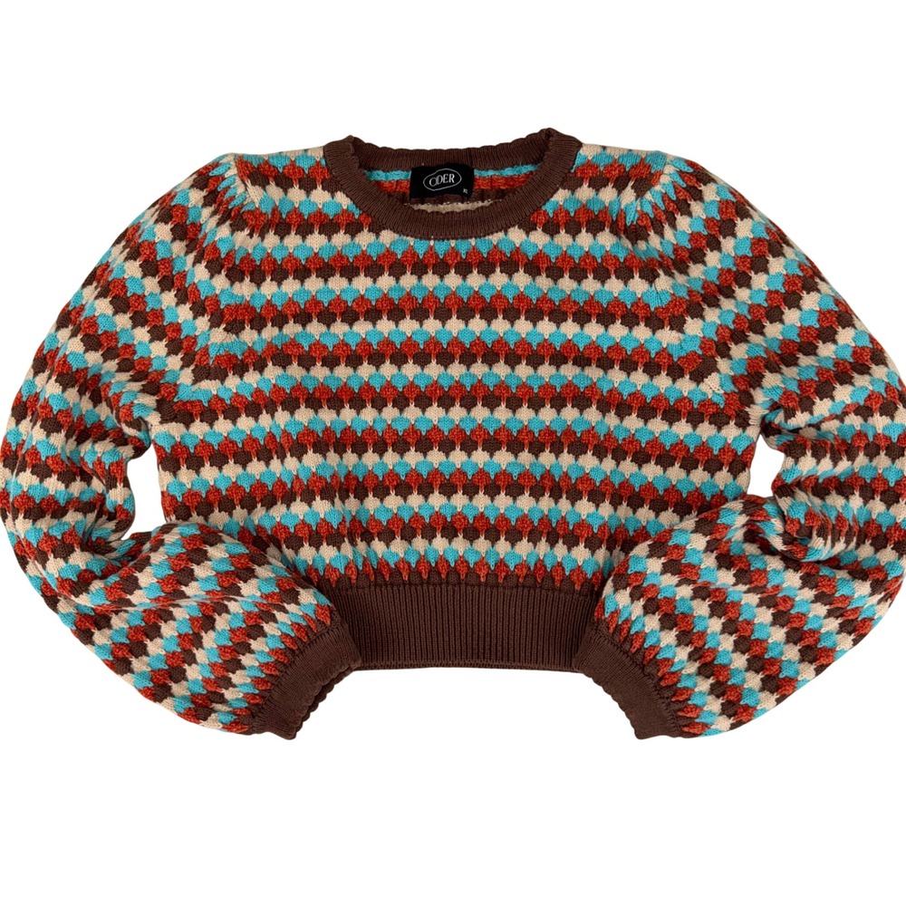 Cider Retro Diamond Knit Crop Sweater Chunky Geometric Boho Puff Sleeve M EUC